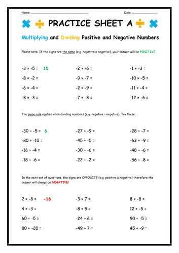 adding subtracting multiplying dividing negative numbers worksheet